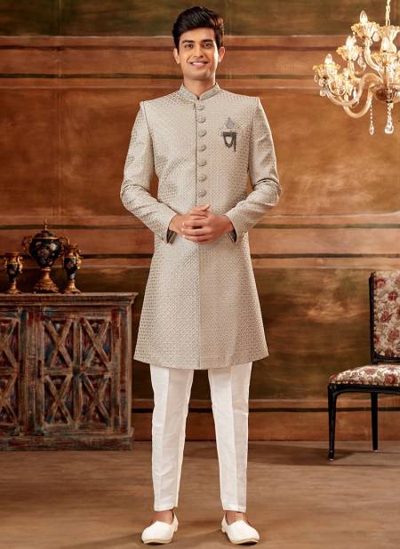 Light Gray Party Wear Jacquard Nawabi Indo Western Collection 1109